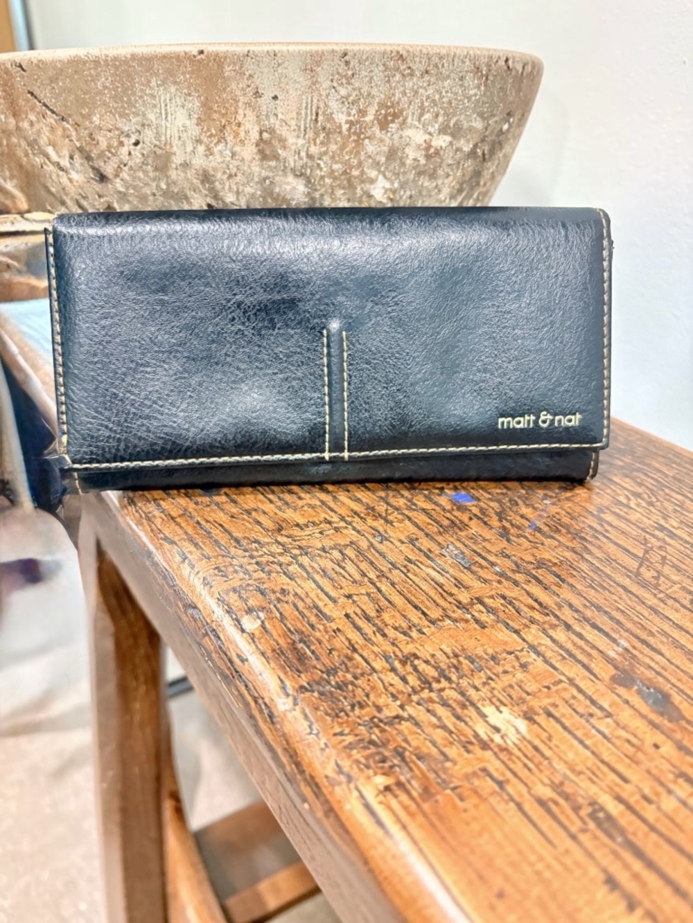 Matt & Nat Vintage Collection Long Trifold Wallet Black Contrast Stitch